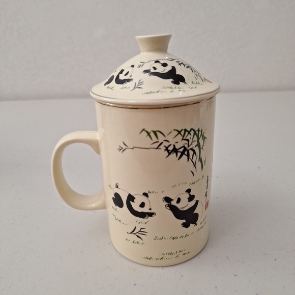 Cost Plus World Market Other - Vtg World Market 2pc Tea Mug W/ Lid Ceramic 5" Panda Bamboo Asia Coffee Cup